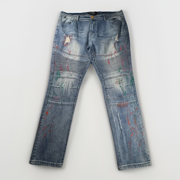 Switch Remarkable Jeans 40x32 Slim Taper Moto Distressed Paint - Picture 4 of 9